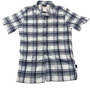 Patagonia Men's Shirt Small Short Sleeve A/C Ventana Navy Plaid Organic Cotton